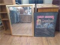 Framed Harley Davidson and wall mirror