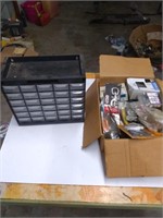 Box of assorted hardware & small cabinet and some