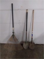 2 Round point shovels , leaf rack