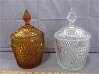 2 Diamond Lidded Jars Amber & Clear