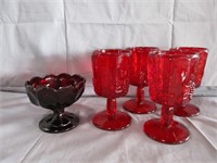 4 LG Wright Water Goblets+Ruby Red Dish