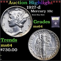 *Highlight* 1927-d Mercury 10c Graded Choice Unc