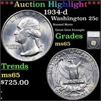 *Highlight* 1934-d Washington 25c Graded ms65