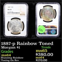 1887-p Rainbow Toned Morgan $1 Graded ms64