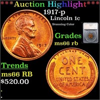 *Highlight* 1917-p Lincoln 1c Graded ms66 rb