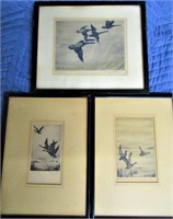 3 Pen and Ink Drawings Geese in Flight