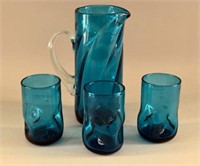 Teal Blue Hand Blown Pitcher And Glasses