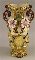 English Majolica Double Handle Vase