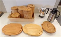 SET OF WOODEN CANISTERS, GE ELECTRIC PERCOLATOR...