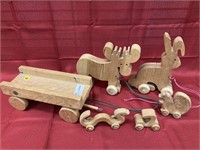 6 hand crafted wooden pull toys