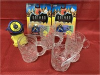 7 Batman and Joker collectibles, 4 mugs, toy bat