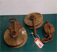 3 WOODEN PULLEYS