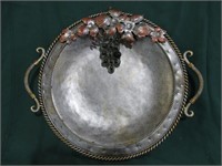 Hammered tin platter with glass grapes  17 1/2" d
