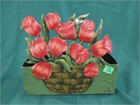 Tin planter with painted tulip front - 12 x 5 1/2"