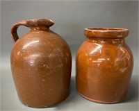 Pair of Redware Pottery Pieces/Crock/Jug