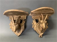 Pair of Early Ram Wooden Carved Wall Shelves
