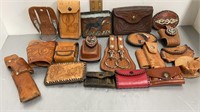 19PC TOOLED LEATHER LOT- BUCKLES WALLETS SHEATHS