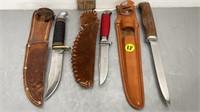 3 VINTAGE KNIVES WITH LEATHER SHEATHS