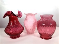 (3) Vases, Cranberry Red and Pink Overlay