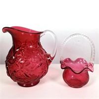 Red Glass Pitcher and Basket