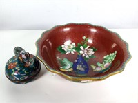 Chinese Enameled Brass, Bowl and Trinket Box