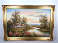 Painting on Canvas of a Cottage on a Pond, Signed