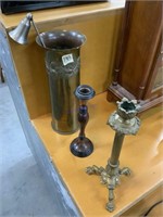 Brass vase with candle sticks and snuffer