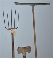 5-prong pitch fork, double bitted axe, & squeegee
