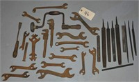 Antique wrenches incl. Ford, files, and brace