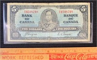 1937 BANK OF CANADA FIVE DOLLAR BANK NOTE