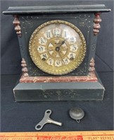 LOVELY 1800’S SHELF CLOCK W ORNATE DIAL & KEY