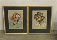 Pair of Framed Oil Pastel Clown Drawings by Cooper