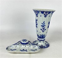 Royal Delft Pen Tray with Inkwell & Vase