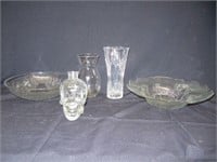 Glass Bowls, Vases & Skeletal Head