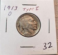 1913d Type I Buffalo Nickel