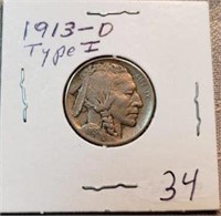 1913D TYpe I Buffalo Nickel