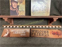 Wall shelf and western decor and signs