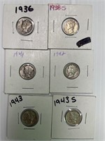 6 Different Dated Mercury Dimes