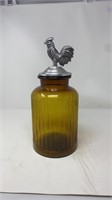 VERY LARGE AMBER GLASS CANNISTER ROOSTER MOTIF LID