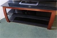 TV Stand w/ Glass Shelves & Top, Solid Wood Frame