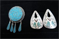 Sterling Silver Lot-32.5g-Pin w/Inlaid Turquoise,