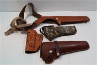 4 Pistol Holsters(3 Leather, 1 Camo)&1 Gun Barrel