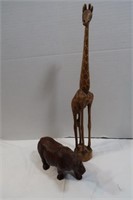2 Wood Carved Animals-Giraffe, Rhino