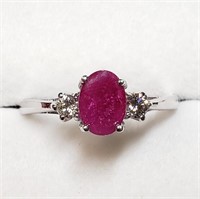 Certified 10K  Burma Ruby(1ct) Diamond(0.14ct) Rin