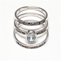 $160 Silver Blue Topaz Marcasite Stacking Ring