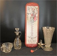 Vintage Looking Thermometer & Pressed Glass