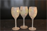 Lot Of 3 Handpainted Frosted wine Glasses