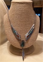 Turquoise/coral sterling feather necklace
