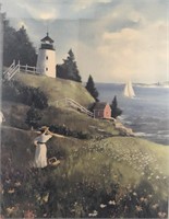 Print of ladies in field w/lighthouse by ocean