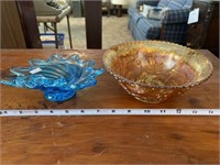Blue Glass Dish, Carnival Glass Bowl, Cracked